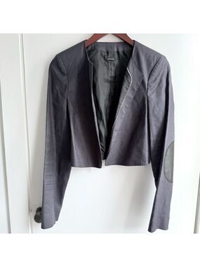 JOSEPH Blazer Cropped Linen Blend Slate Blue Leather Elbow Patch Sz 40 FR / 8 US